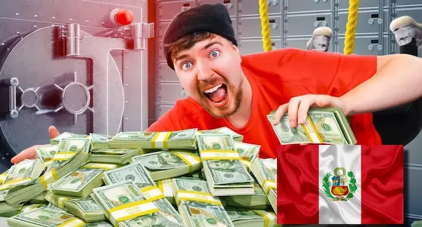 MrBeast in Peru with a Peruvian flag and stacks of money.